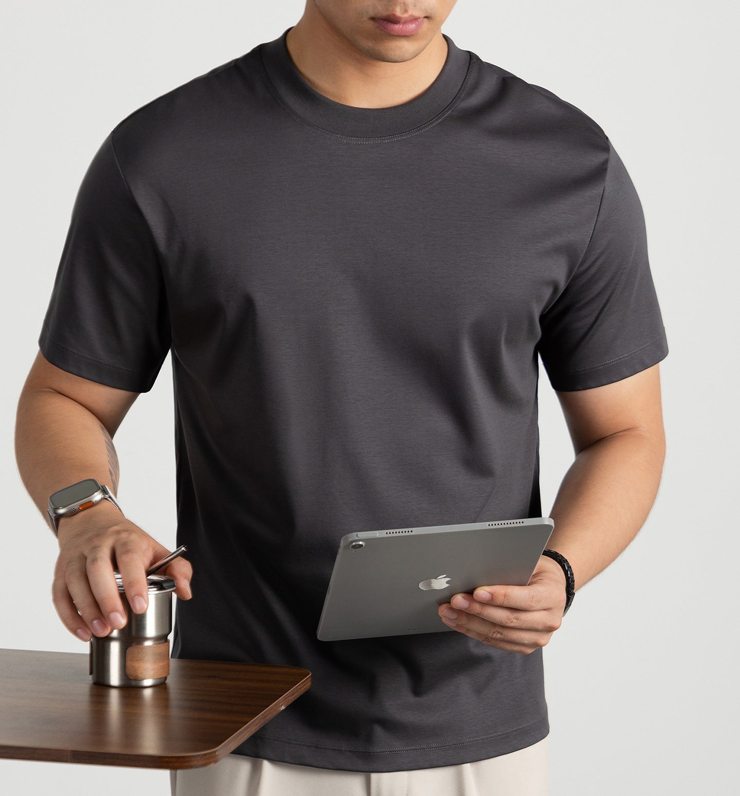 Cold Liquid Ammonia Mercerized Cotton Short-sleeved T-shirt For Men Dark Gray - D&A
