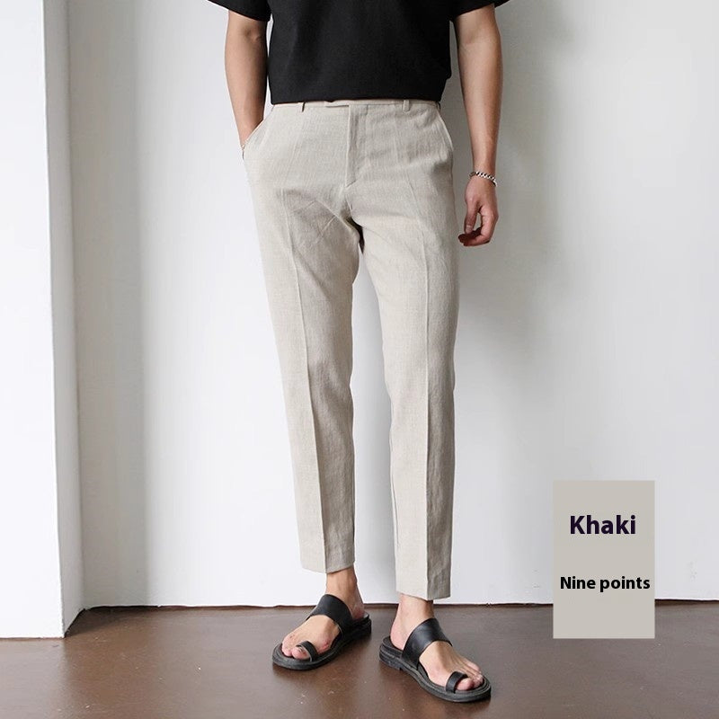 White For Men Cotton Fabric Cropped Linen Trousers Light Khaki Ankle Length Pants - D&A