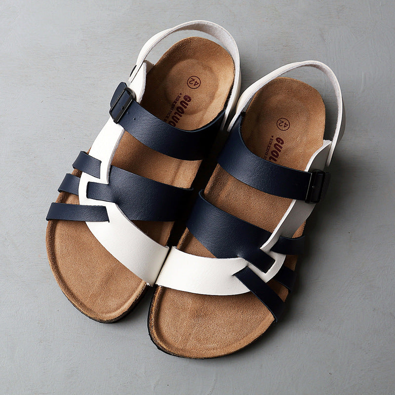 Men's Simple Hollow-out Flat Cork Slippers Blue And White - D&A