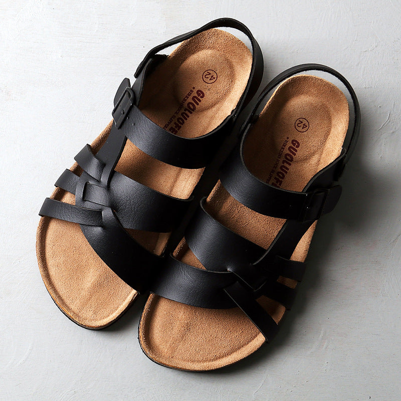 Men's Simple Hollow-out Flat Cork Slippers Black - D&A