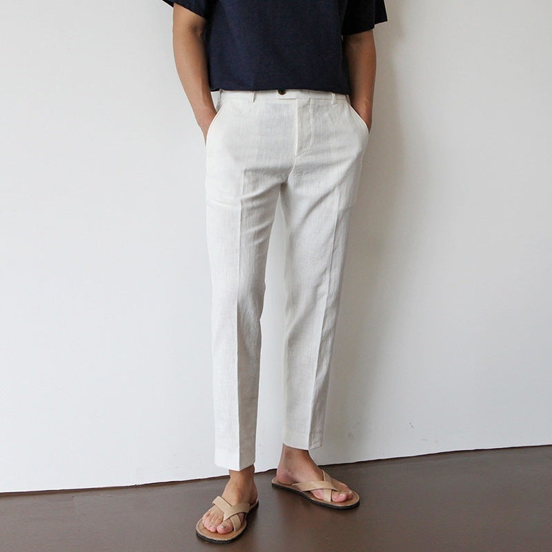 White For Men Cotton Fabric Cropped Linen Trousers - D&A