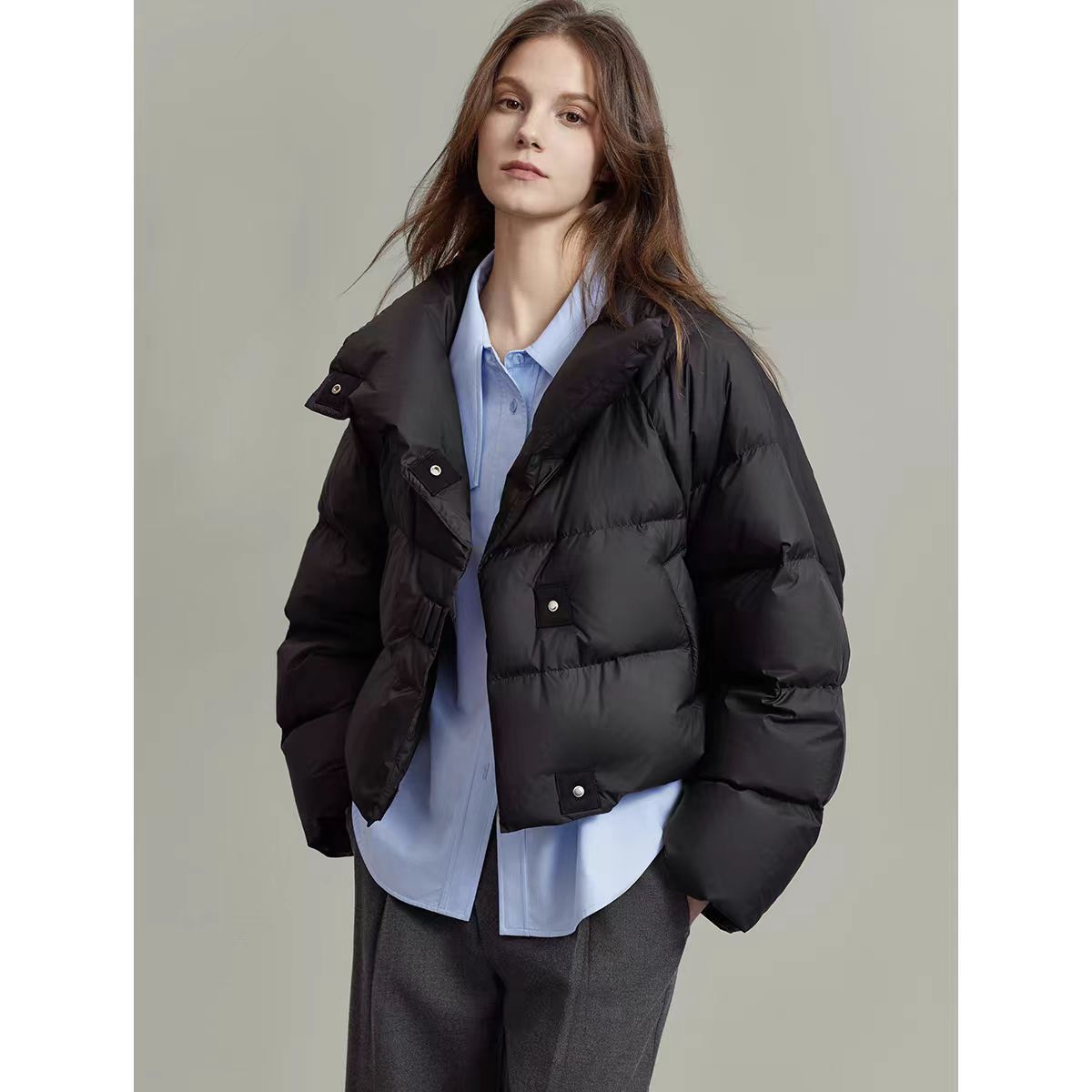 Coffee Color Cotton-padded Clothes Short Cotton Coat Black - D&A
