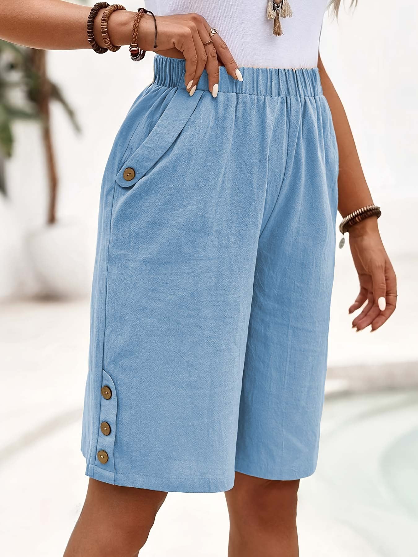Cotton Linen Shorts Fifth Pants Women's Solid Color Casual Straight Pants Light Blue - D&A