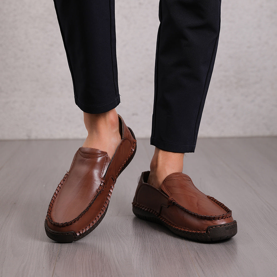 Loafers Men's Lightweight Non-slip Leather Shoes Slip-on Dark Brown - D&A
