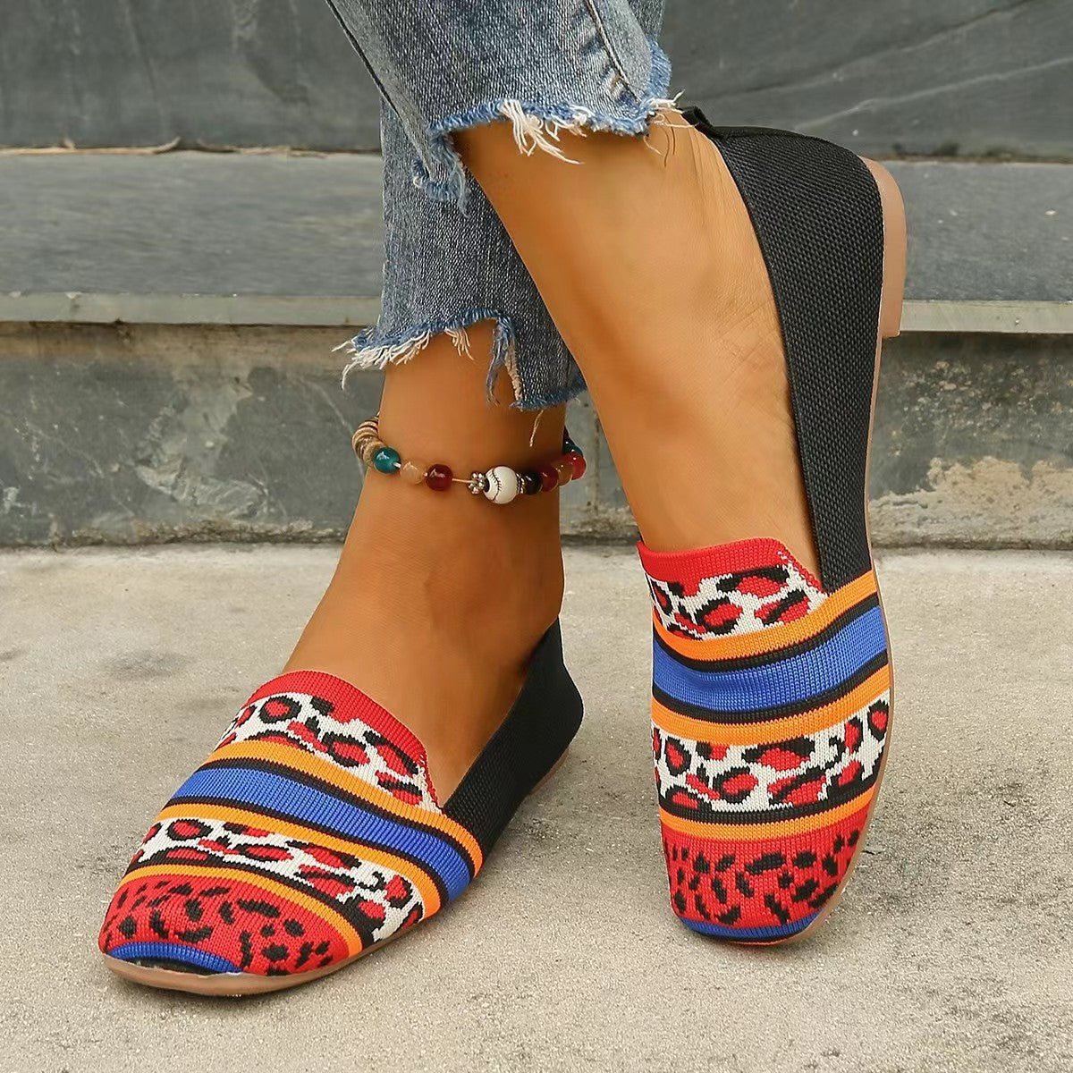 Women's Low-cut Square Toe Flat Bottom Sneaker Leopard Print - D&A
