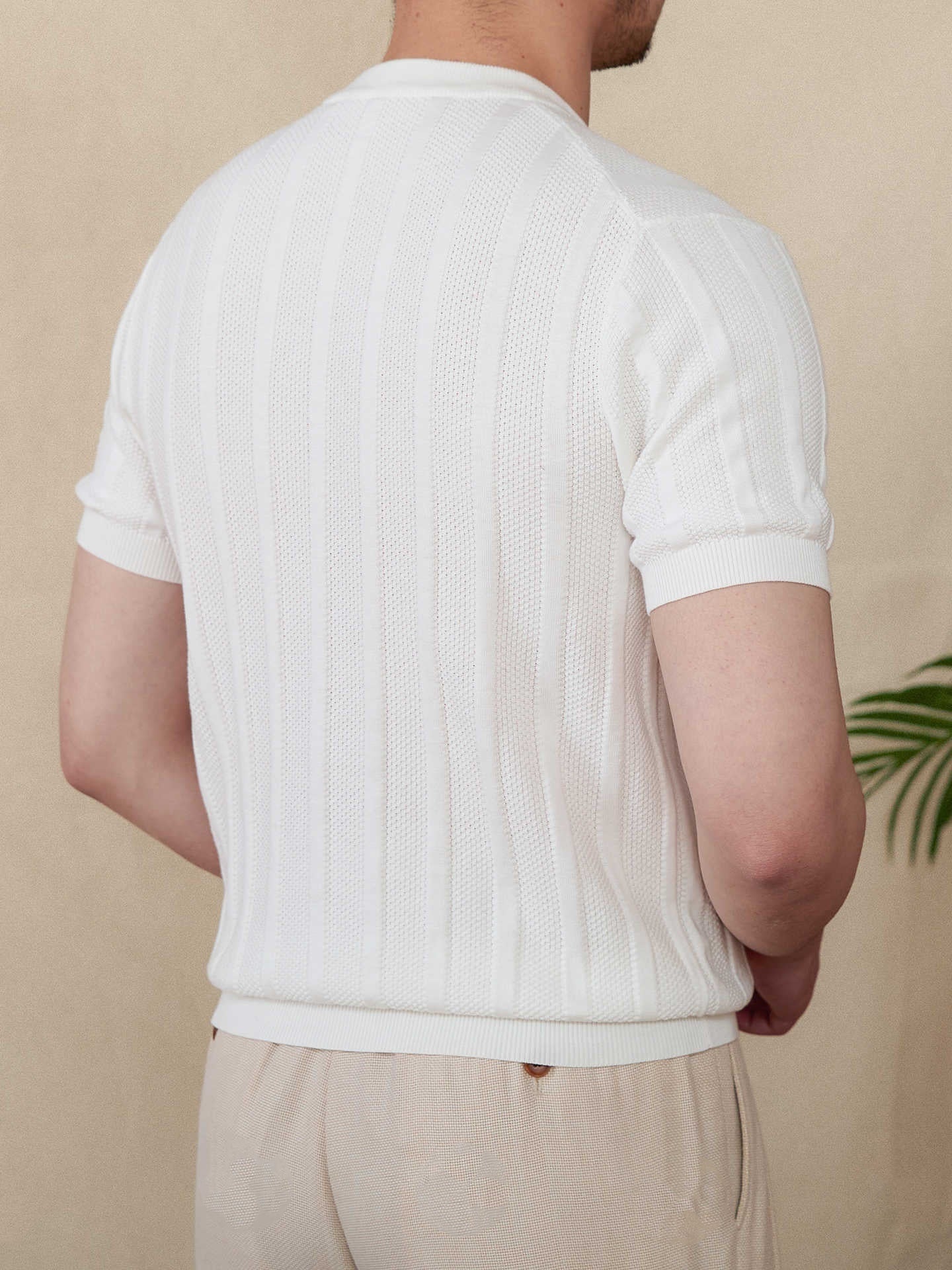 Cotton Sunken Stripe Henry Collar Casual Men's Knitted Short-sleeved T-shirt - D&A