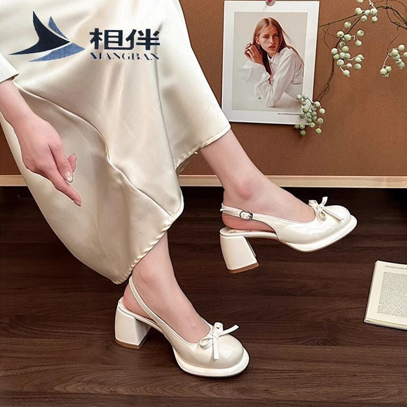 Summer New All-match Bow Satin Toe Cap Slingback Sandals White - D&A