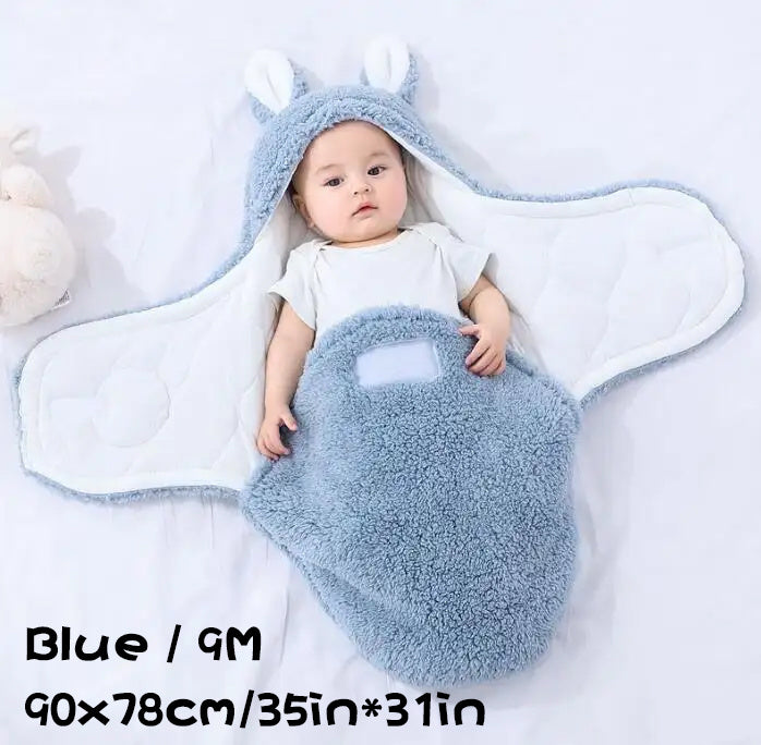 Super Soft Baby Sleeping Bag Fluffy Fleece Newborn Blanket Swaddle Blankets, Unisex Baby Wrap For Newborn Baby Boys Girls With Head-Protecting & Head-Supporting Function, Wearable Swaddle Sleep Sack Blue 9M - D&A