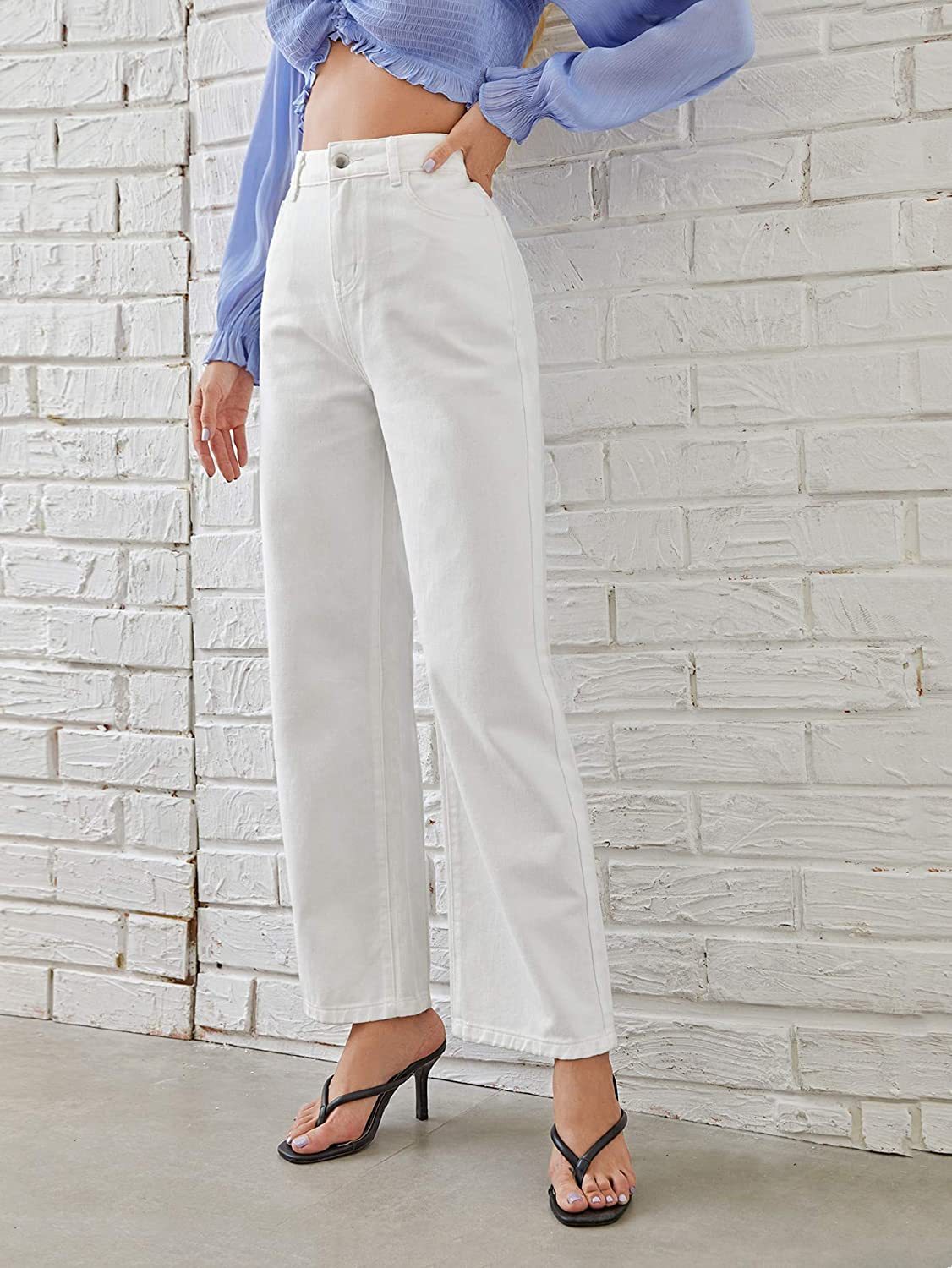 Washed Fashion Straight Jeans Women's Mid Waist White - D&A