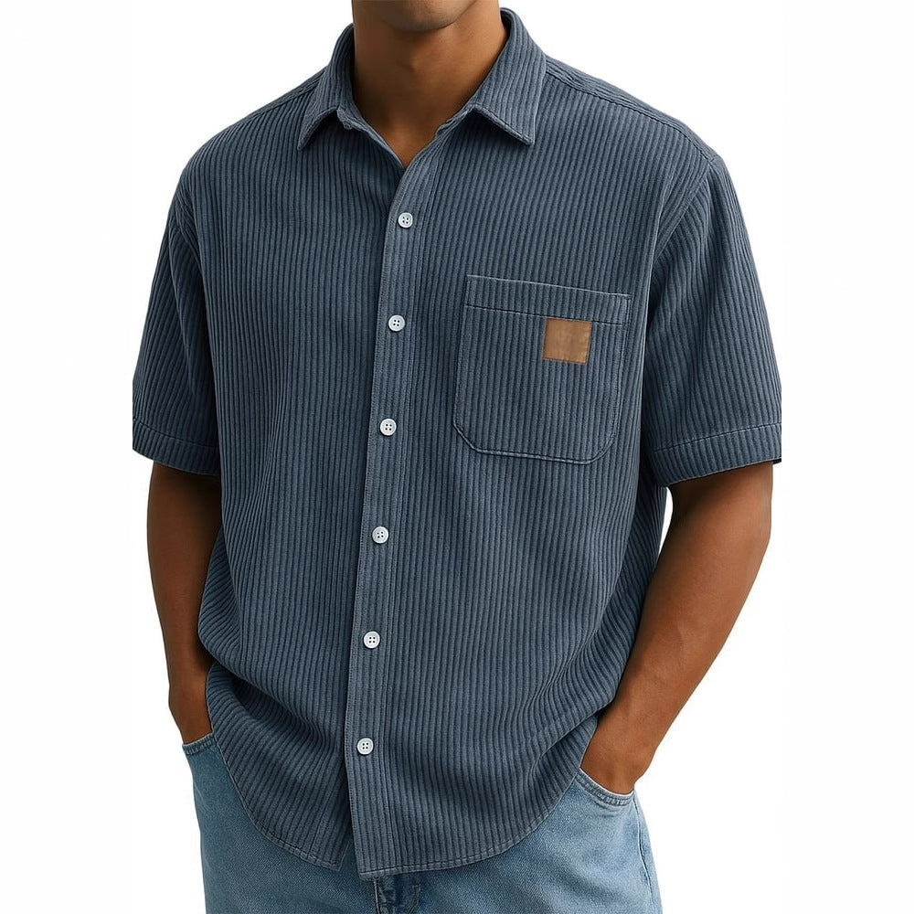 Versatile Leisure Corduroy Leather Sticker Pocket Short Sleeve Shirt - D&A