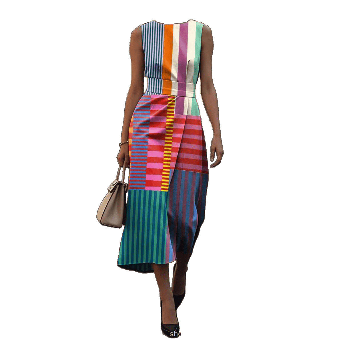 Sleeveless Plus Size Artistic Oil Painting Stripes Elegant Dress - D&A