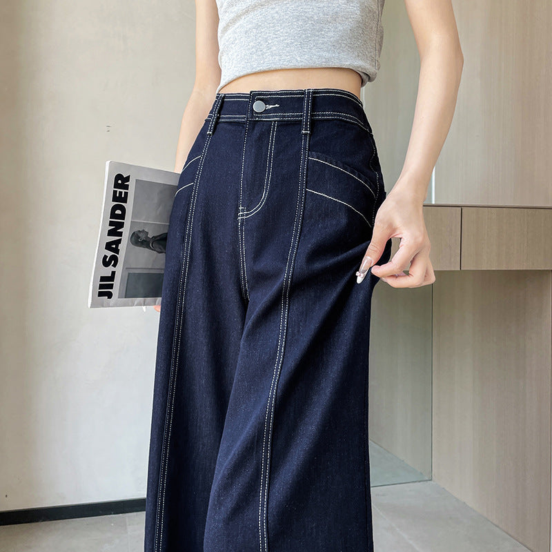 Stitching Double-line Wide-leg Denim Ankle-length Pants Women - D&A