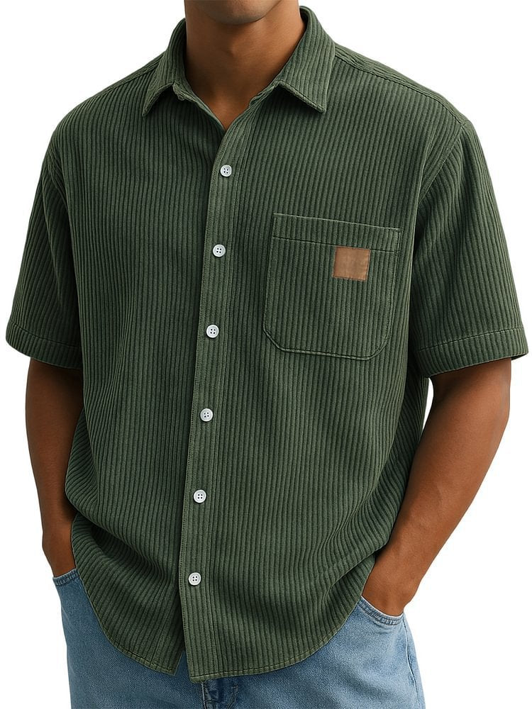 Versatile Leisure Corduroy Leather Sticker Pocket Short Sleeve Shirt Army Green - D&A