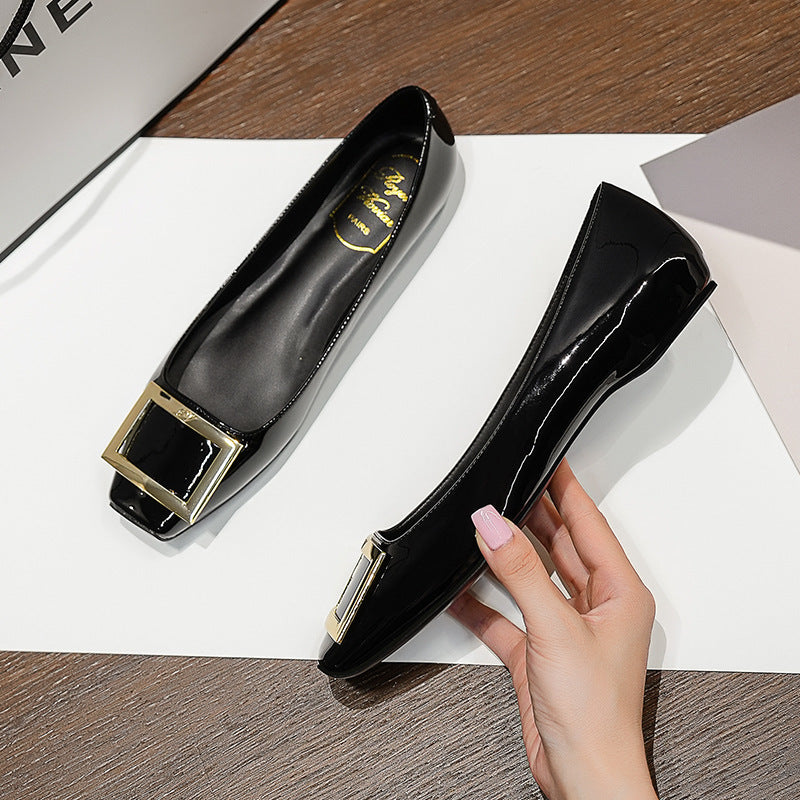 Square Buckle Flats Patent Leather Square Toe Low-cut Shoes Black 1cm - D&A