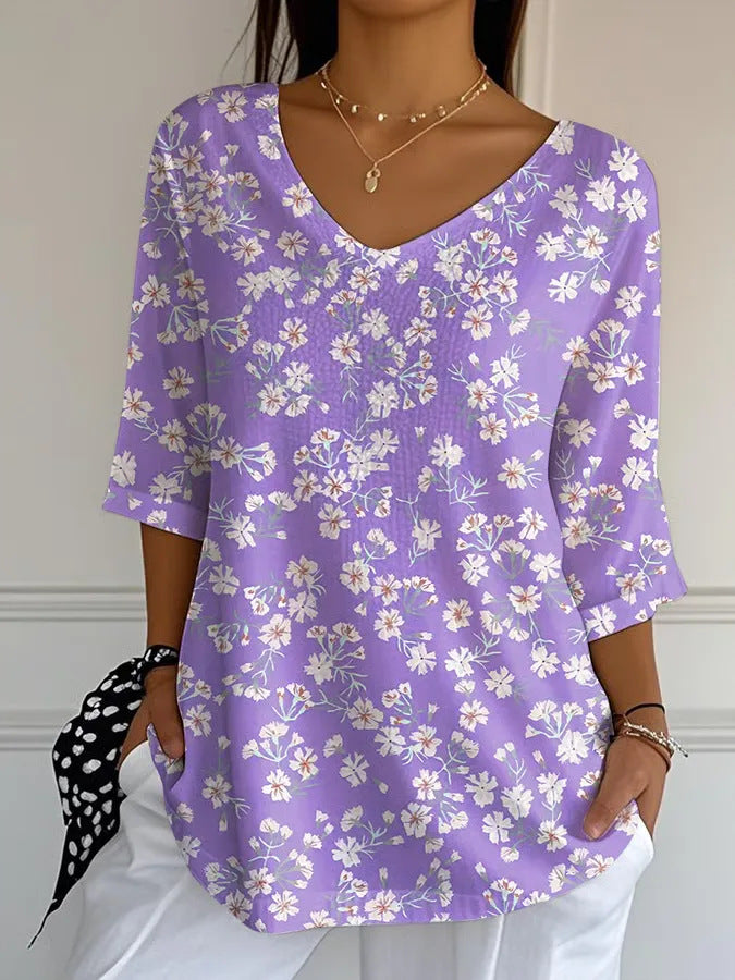 New 3D Printed Women's European And American Fashion Floral V-neck Shirt Top SX4761 - D&A
