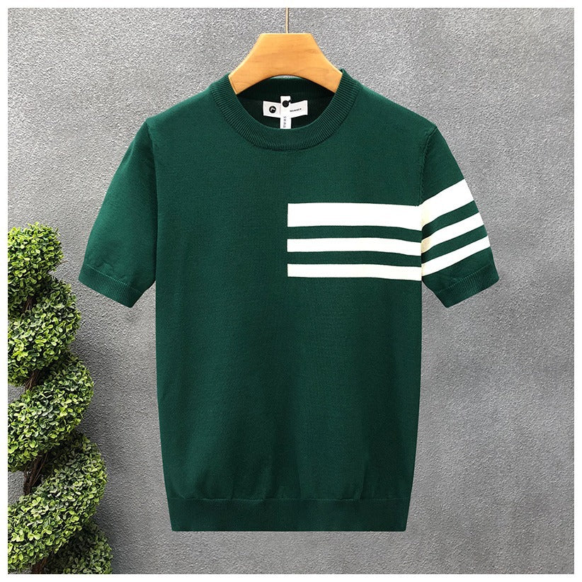 Trendy All-match Round Neck Knitted Short Sleeve Contrast Color Thin T-shirt Green - D&A