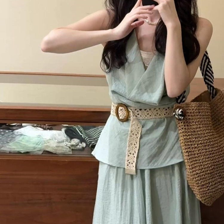 Very Beautiful And Beautiful Tight Waist Vest Dress Mint Green Jacket - D&A