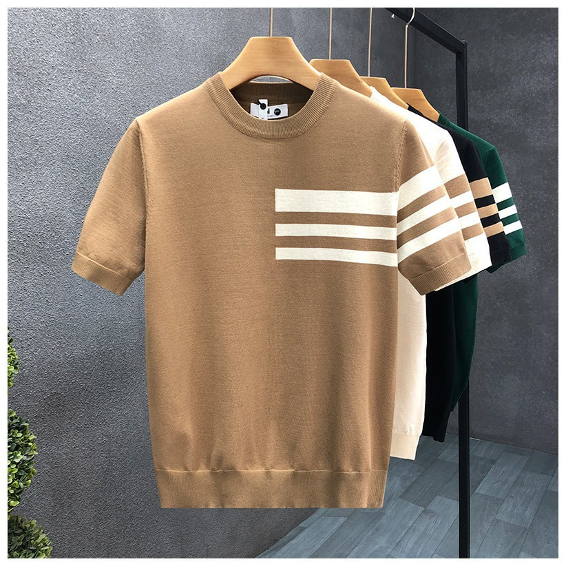 Trendy All-match Round Neck Knitted Short Sleeve Contrast Color Thin T-shirt - D&A