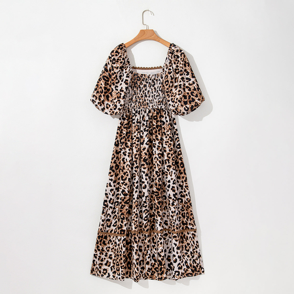 High Waist Dress Women's Lantern Sleeve Printed Maxi Dress Leopard Print - D&A