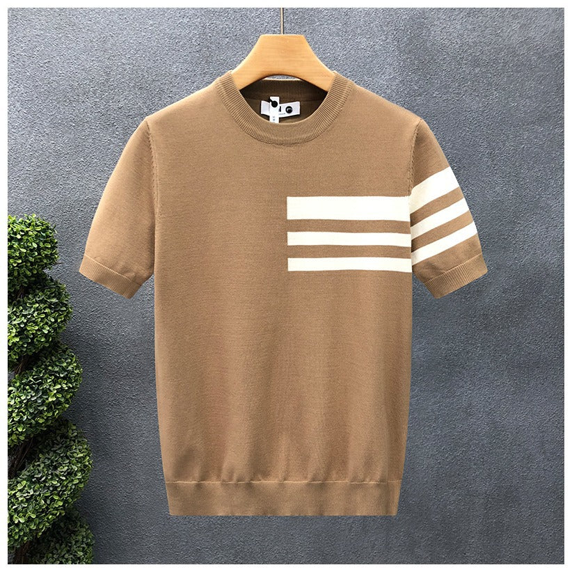 Trendy All-match Round Neck Knitted Short Sleeve Contrast Color Thin T-shirt Khaki - D&A