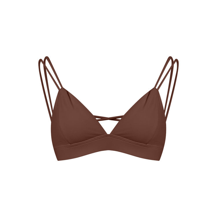 Women's Spaghetti Strap Bra Deep V Versatile Cross Sports Bra Brown - D&A