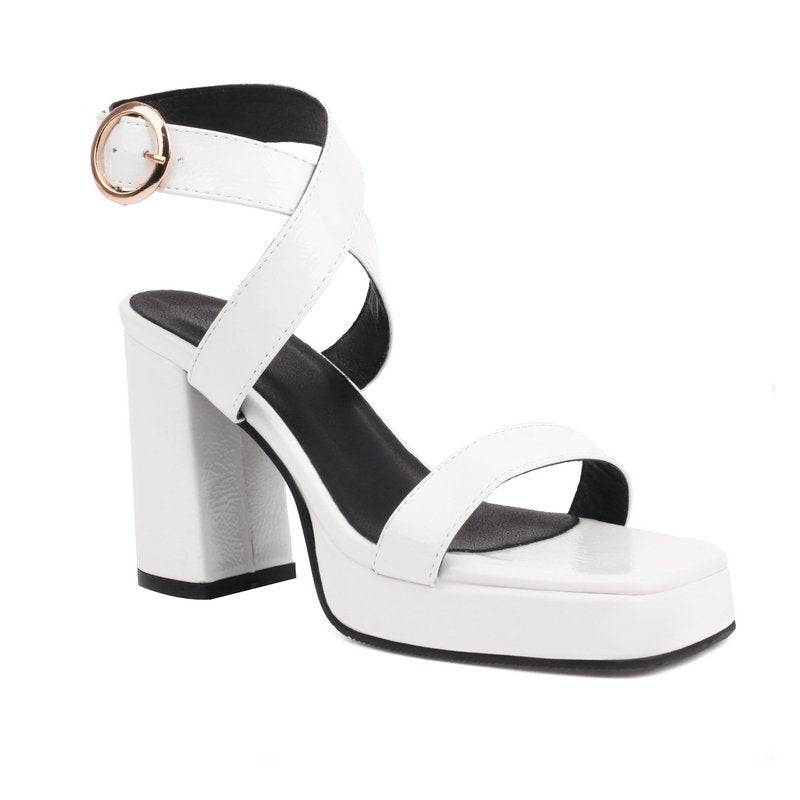 Square Toe Cross Buckle Strap Thick Bottom Chunky Heel Super High Heels White - D&A