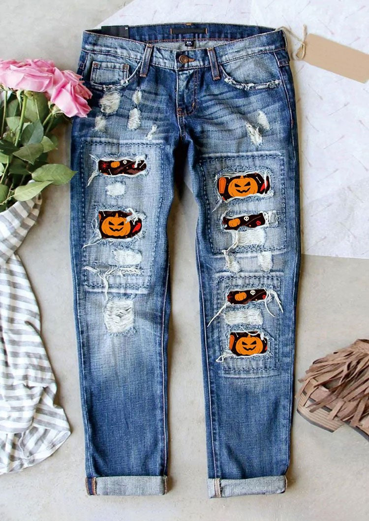 Women's Jeans Ripped Print Patch Pumpkin Printed Cloth 005135 - D&A