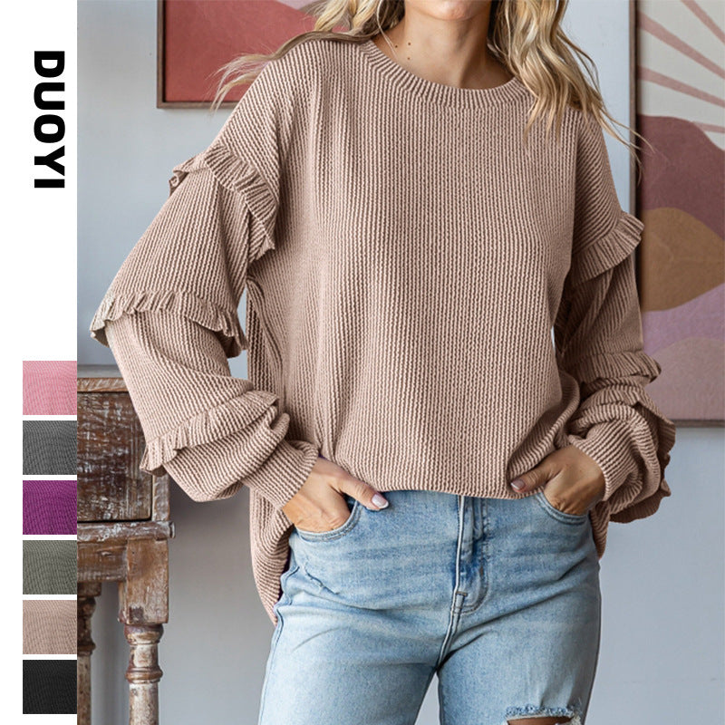 Women's Lantern Sleeve Round Neck Lace Sleeve Top - D&A