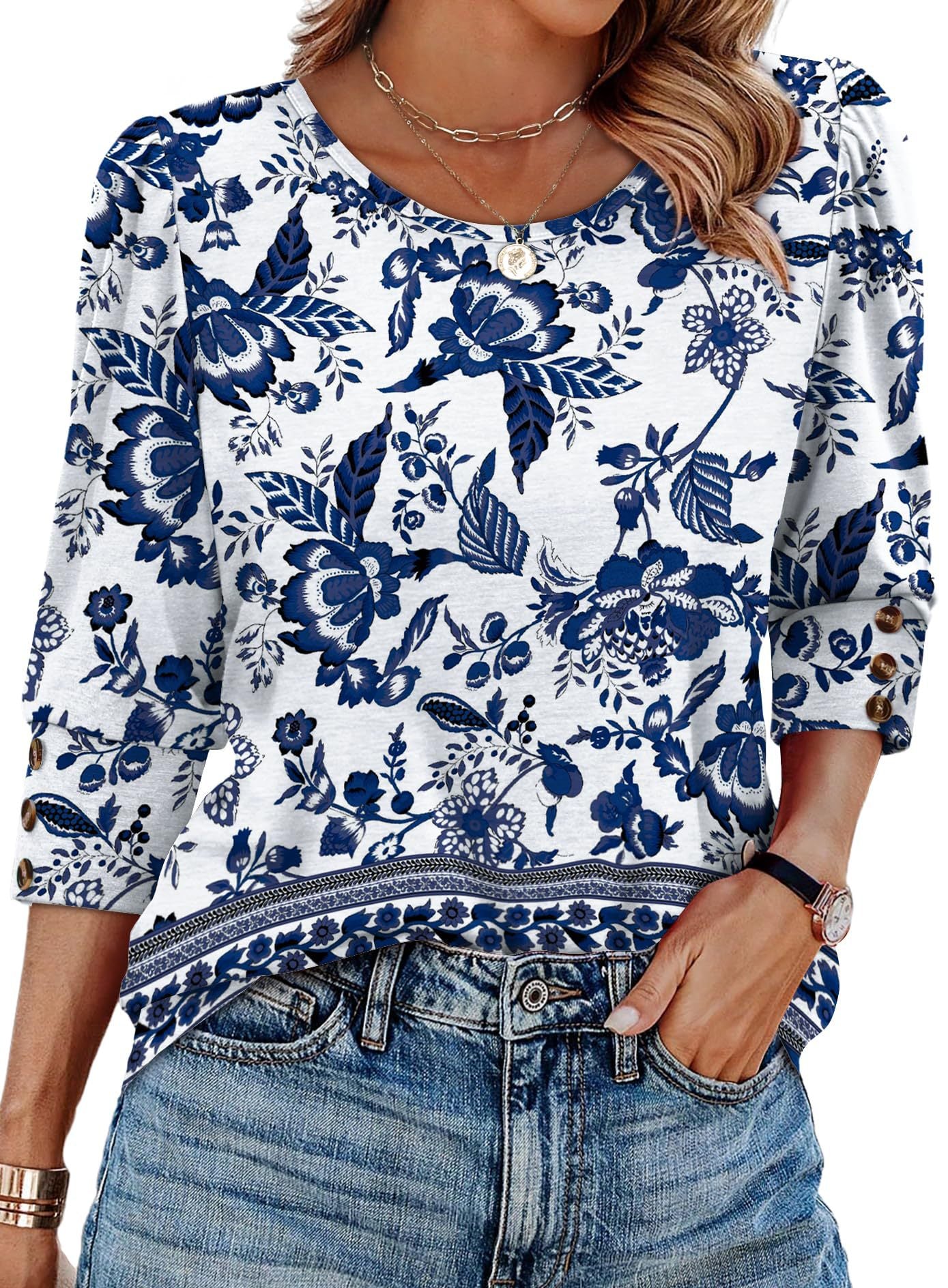 Women's Printed Elegant 34 Sleeves Round Neck T-shirt With Buttons Printing 2 - D&A