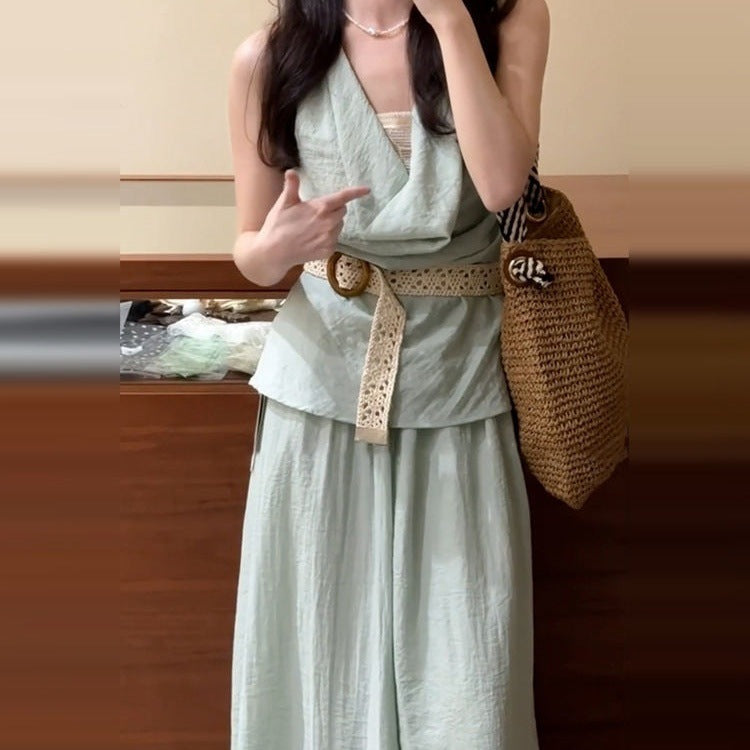 Very Beautiful And Beautiful Tight Waist Vest Dress Mint Green Suit - D&A