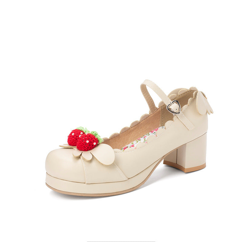 Retro Round Head Chunky Heel Mary Jane Shoes Beige - D&A