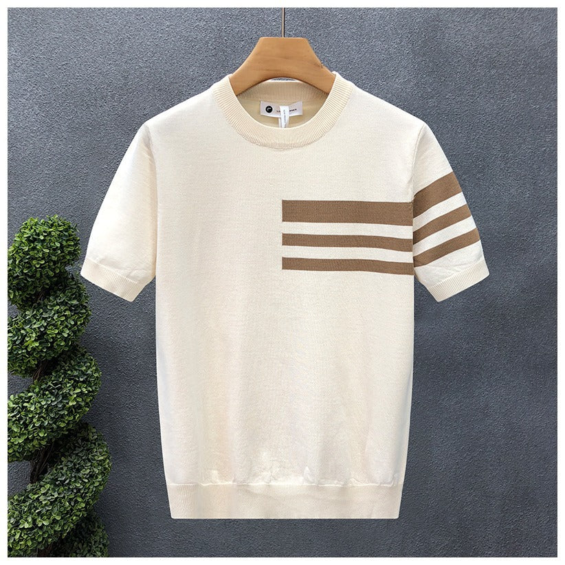 Trendy All-match Round Neck Knitted Short Sleeve Contrast Color Thin T-shirt Apricot - D&A