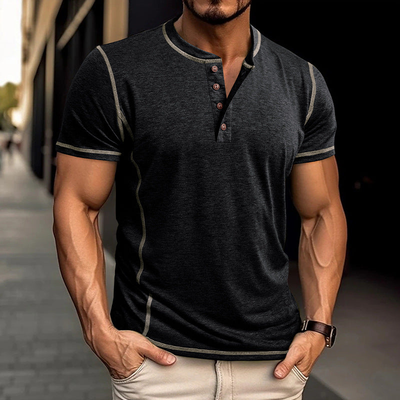 Short Sleeve Henley Shirt Men's Round Neck T-shirt Black - D&A