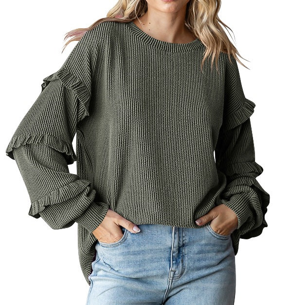Women's Lantern Sleeve Round Neck Lace Sleeve Top Dark Green - D&A