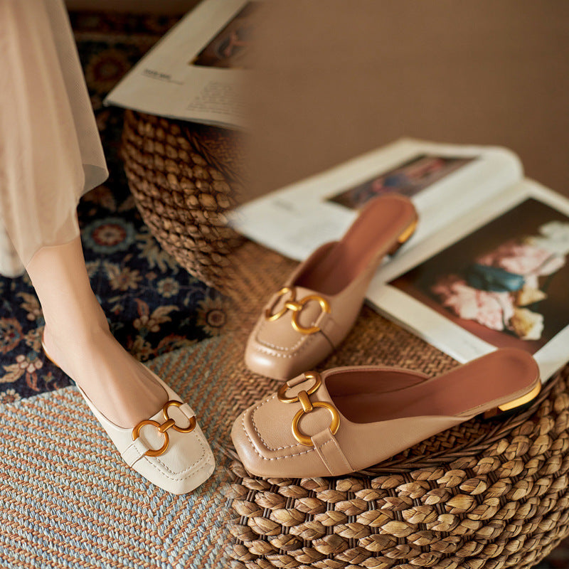 Summer Wear Fashionable Square Toe Korean Style Elegant Flat Heel Ins Slip-on Slippers - D&A