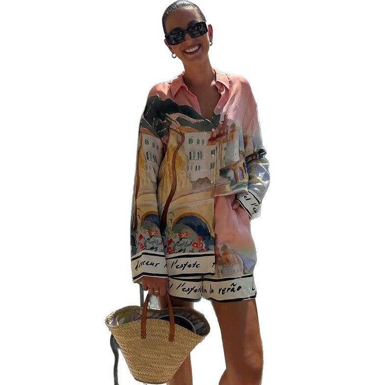 Women's Casual Style Printing Lapel Breasted Shirt Shorts Suit - D&A