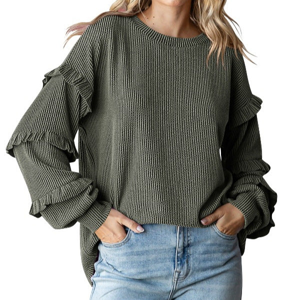 Women's Lantern Sleeve Round Neck Lace Sleeve Top - D&A