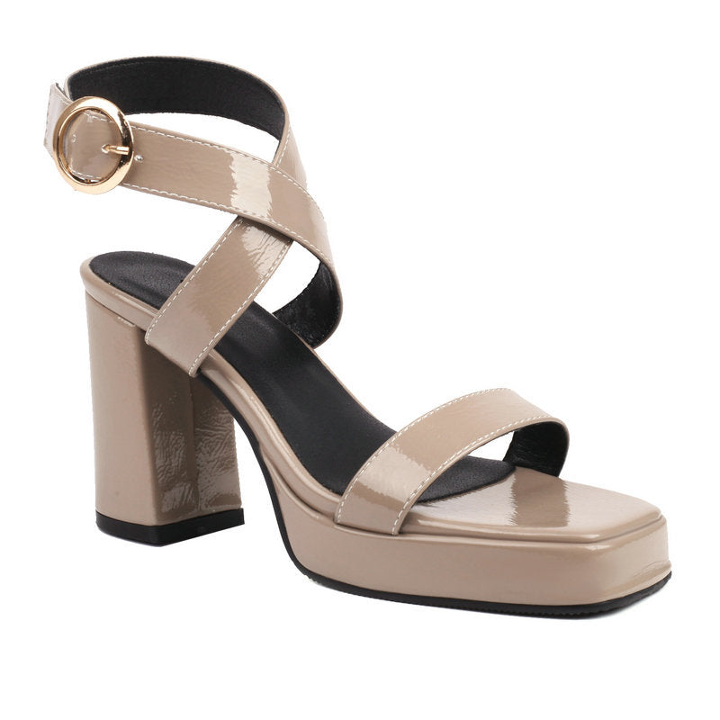 Square Toe Cross Buckle Strap Thick Bottom Chunky Heel Super High Heels Apricot - D&A