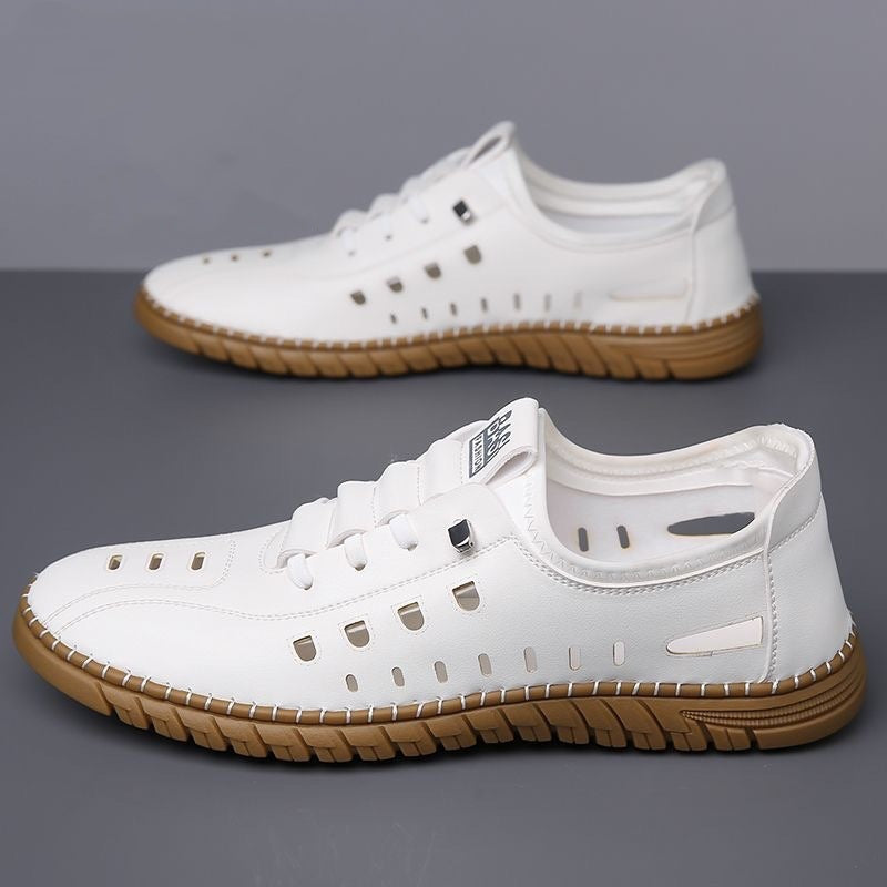 Hollow Breathable White Shoes Hole Shoes Soft Bottom Men Slip-on Leather Sandals White - D&A