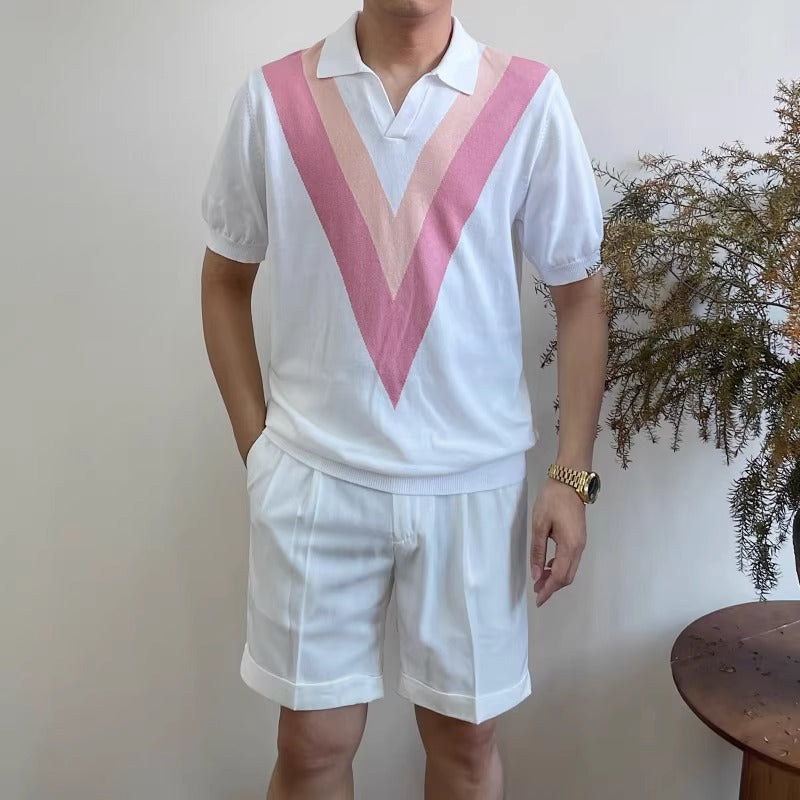V-neck Short-sleeved Sweater Men's Striped White - D&A