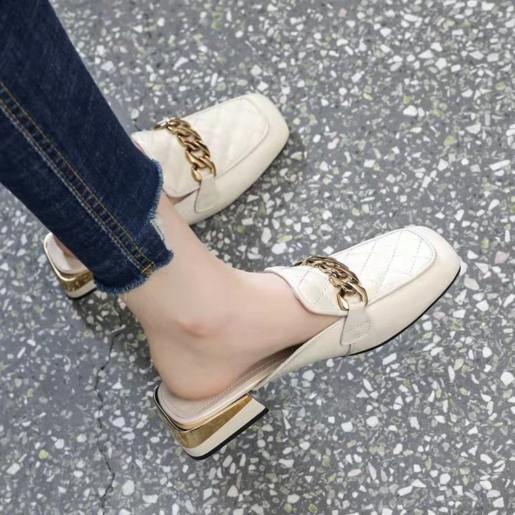 Women's Spring And Summer New Women's Shoes Mid Heel Toe Box Slippers Beige - D&A