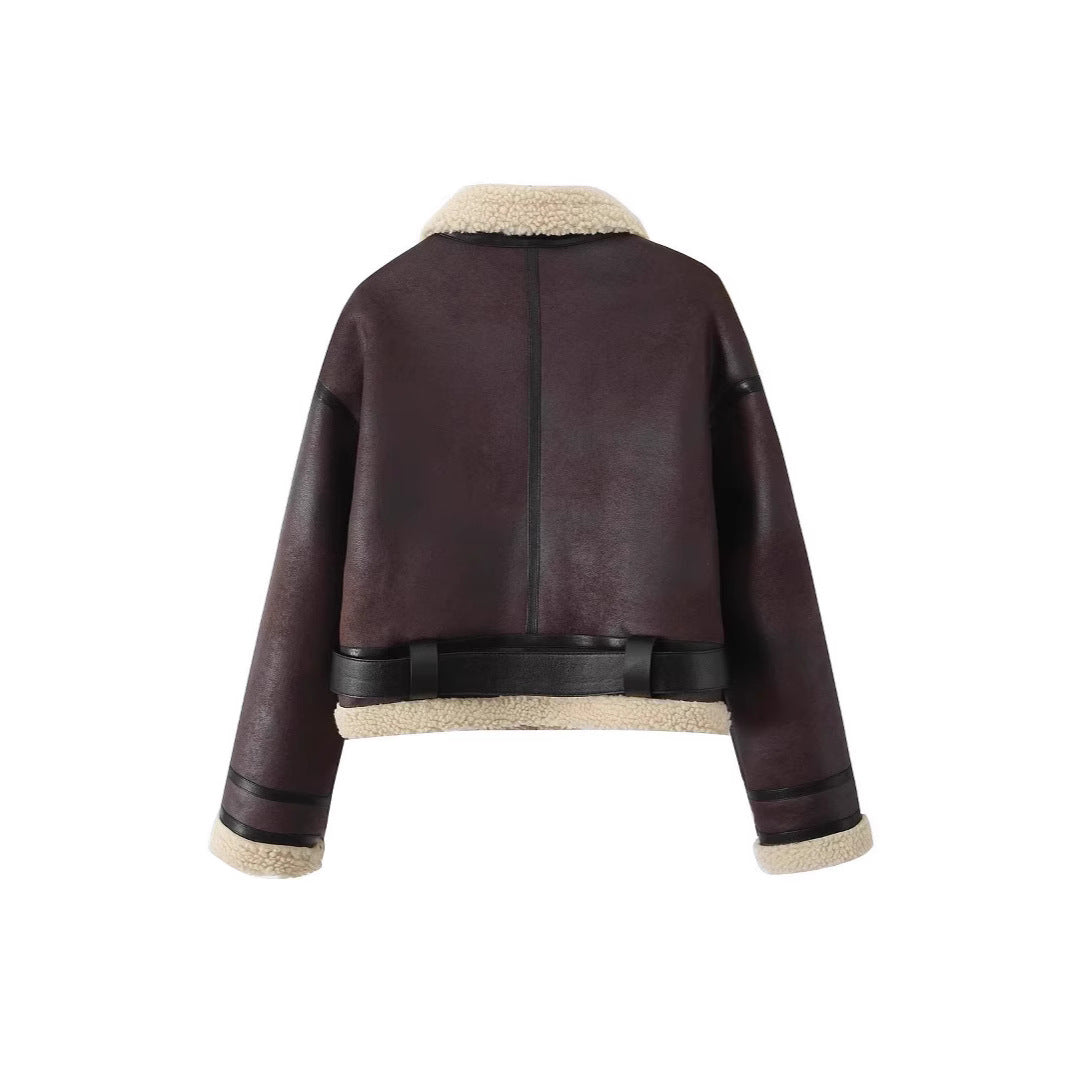 Wear Fur Integrated Lapel Thickening Warm Double-sided Casual Short Jacket Coat - D&A