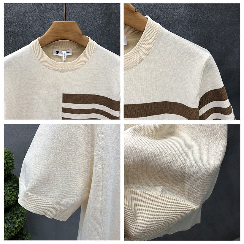 Trendy All-match Round Neck Knitted Short Sleeve Contrast Color Thin T-shirt - D&A