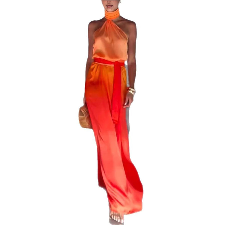 Women's Holiday Lace-up Gradient Halter Sleeveless Sexy Backless Dress - D&A