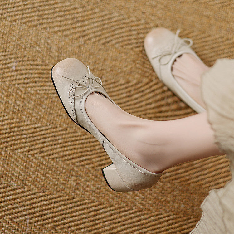 Women's Round Toe Shallow Mouth Gentle Bow Mid Heel Leather Shoes - D&A