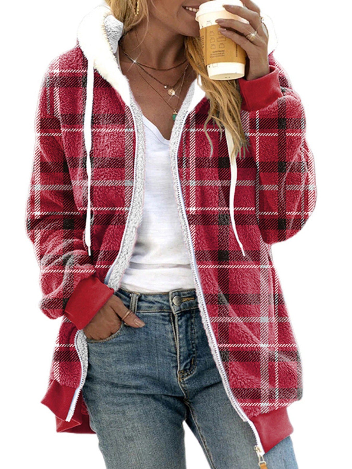 Women's Plush Lined Plaid Hooded Coat - D&A