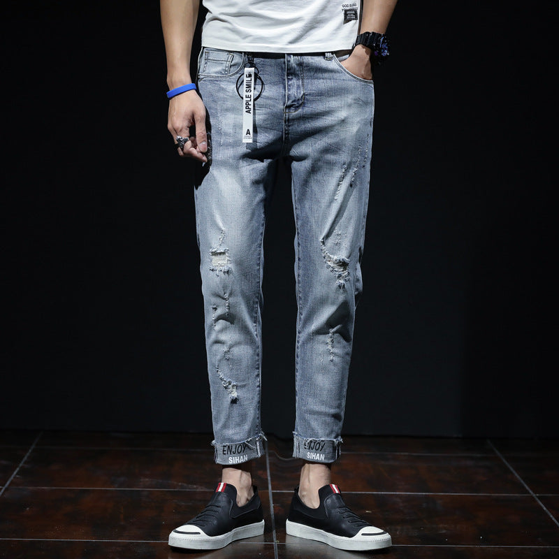 Spring And Summer Ripped Jeans Elastic Small Leg Straight Leg Pants Youth - D&A