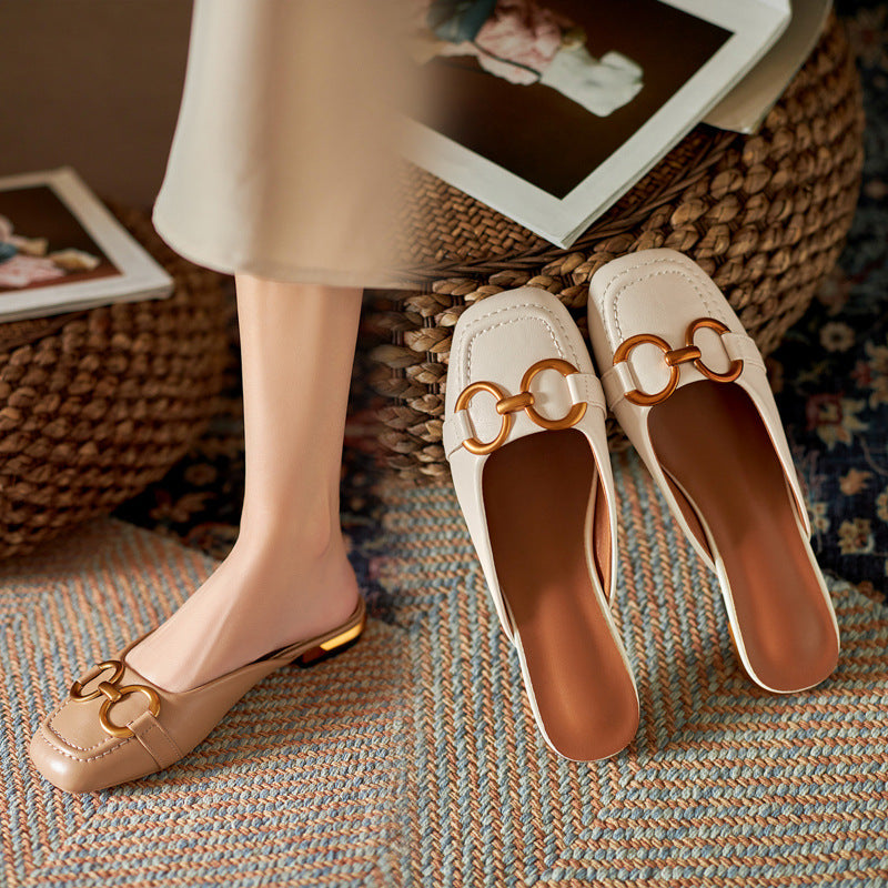Summer Wear Fashionable Square Toe Korean Style Elegant Flat Heel Ins Slip-on Slippers - D&A