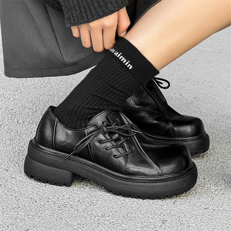 Inner Height Increasing Black Platform Warped Head Leather Shoes Female Size - D&A