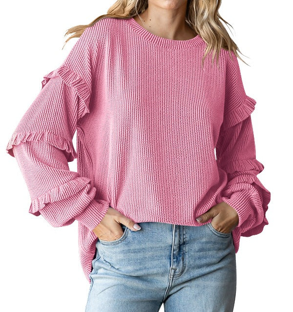 Women's Lantern Sleeve Round Neck Lace Sleeve Top Pink - D&A